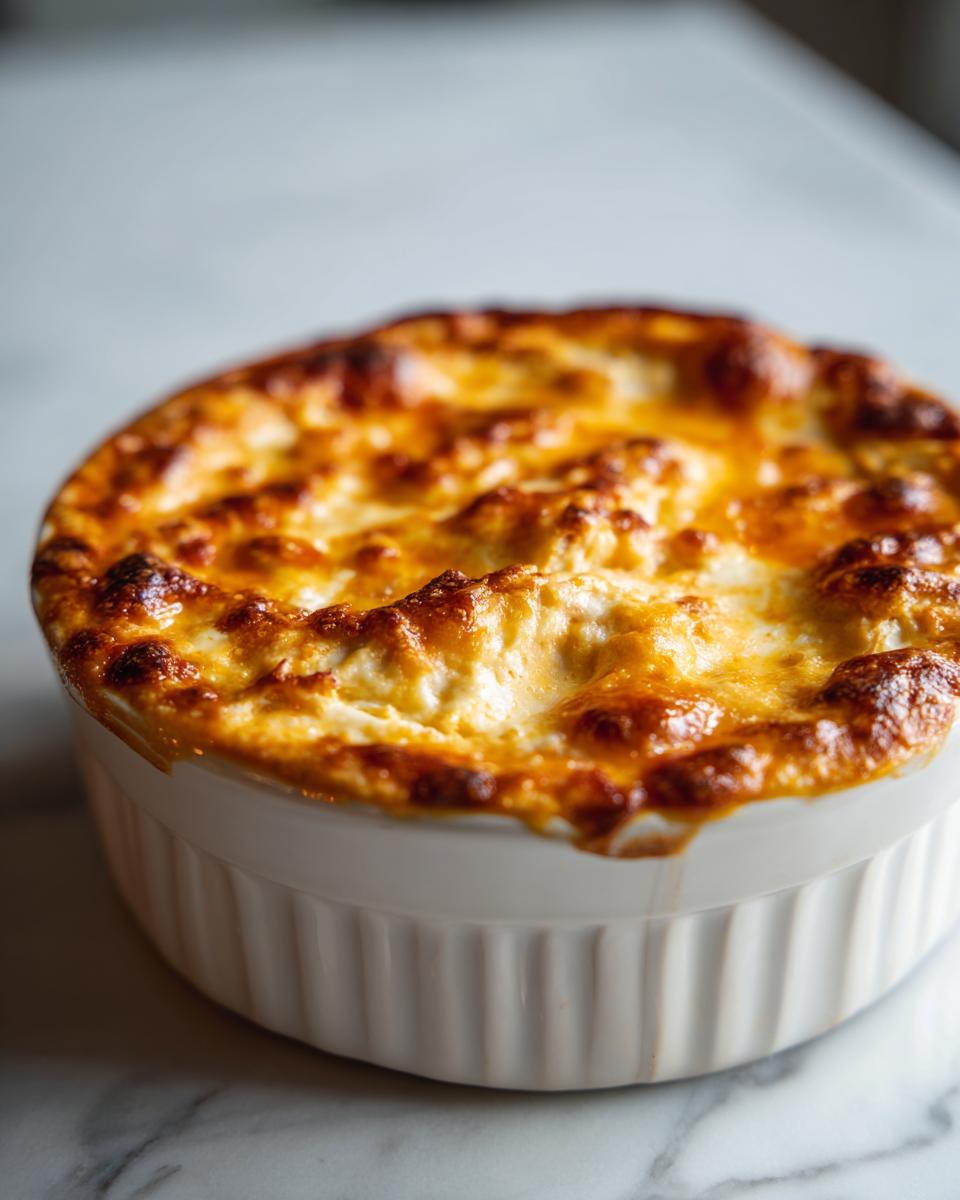 Close-up of bubbling, golden-brown buffalo chicken dip in a white ramekin.