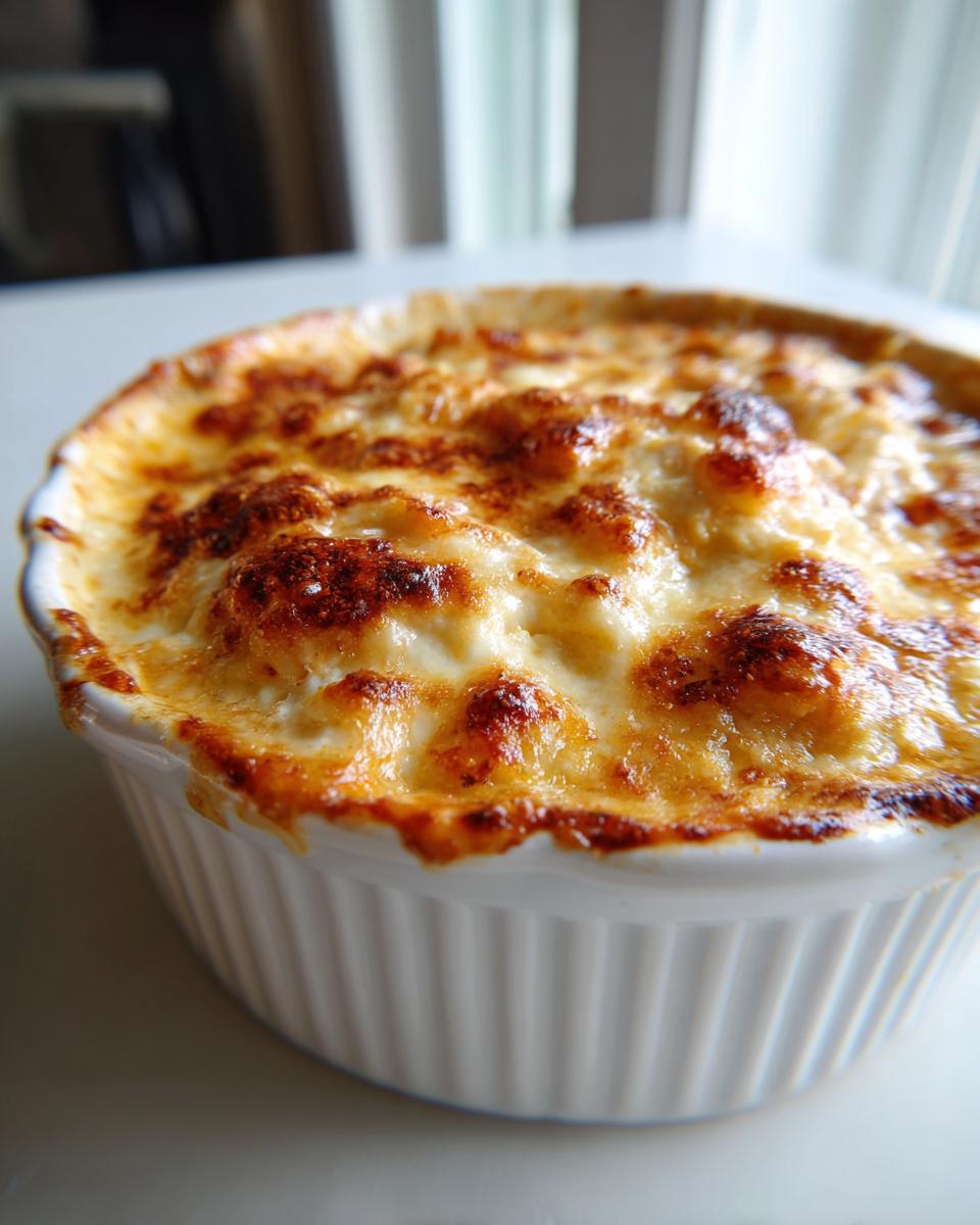 A close-up of bubbling, golden-brown buffalo chicken dip in a white ramekin, ready to serve.