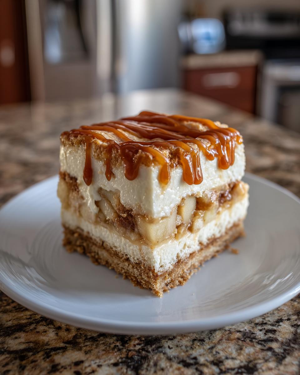 A slice of delicious caramel apple cheesecake bars drizzled with caramel sauce on a white plate.