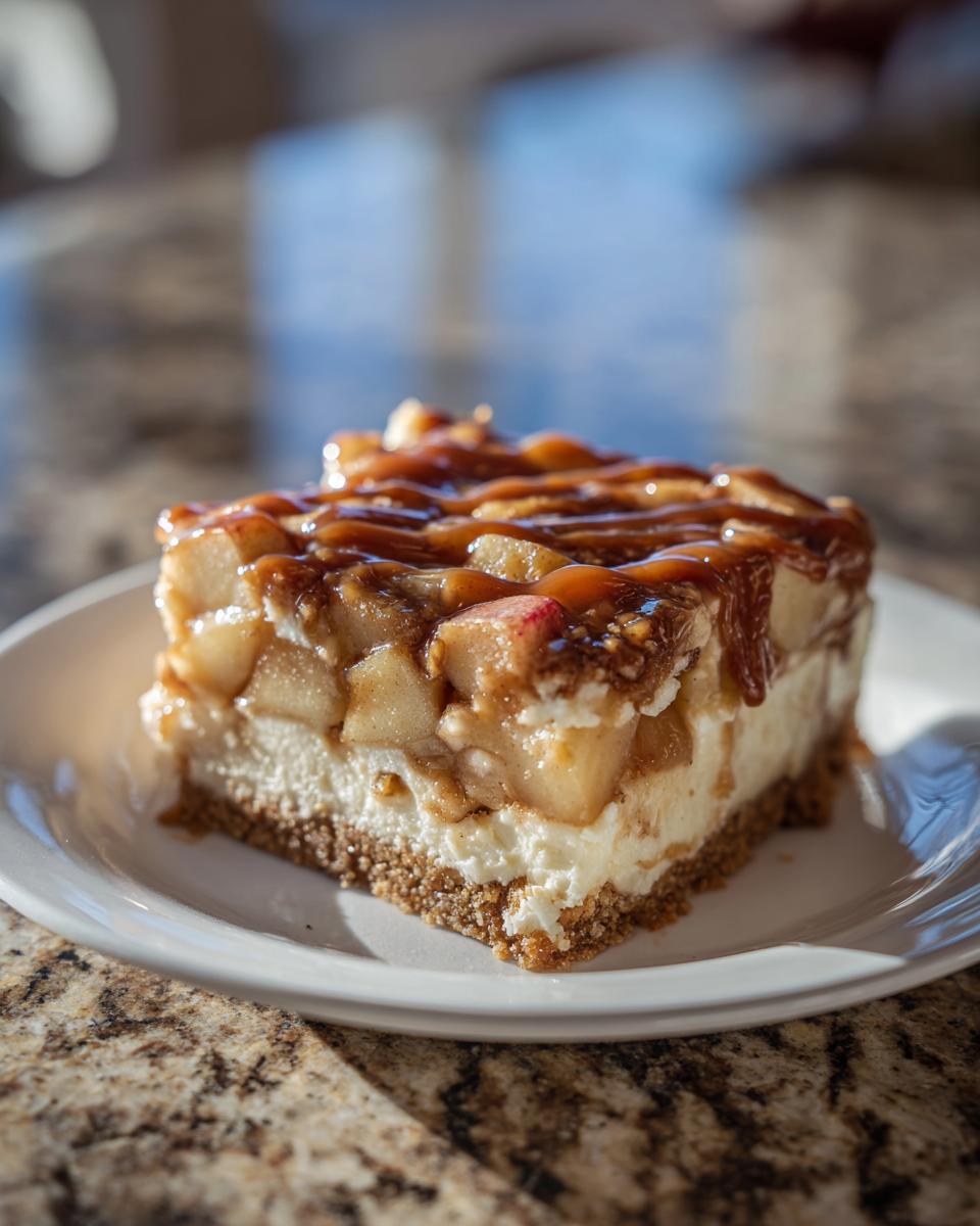 A slice of caramel apple cheesecake bars topped with caramel sauce and apple chunks.