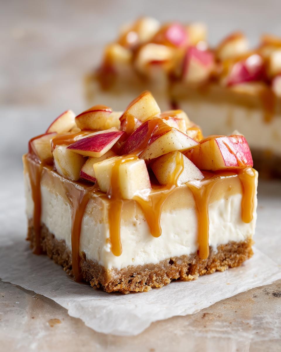 A close-up view of a caramel apple cheesecake bar, topped with diced apples and drizzled with caramel sauce.