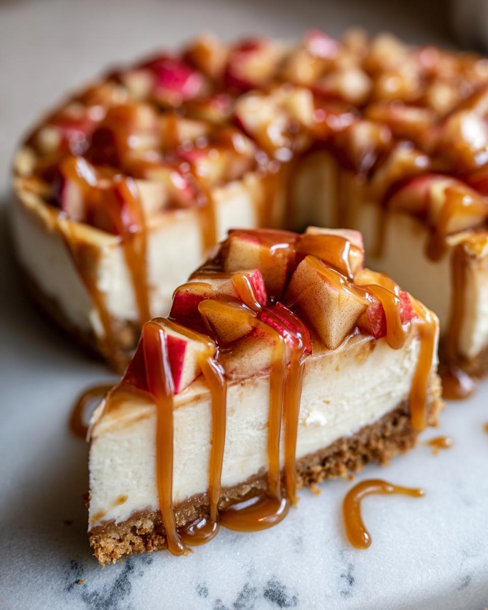A slice of caramel apple cheesecake bars topped with diced apples and drizzled with caramel sauce.