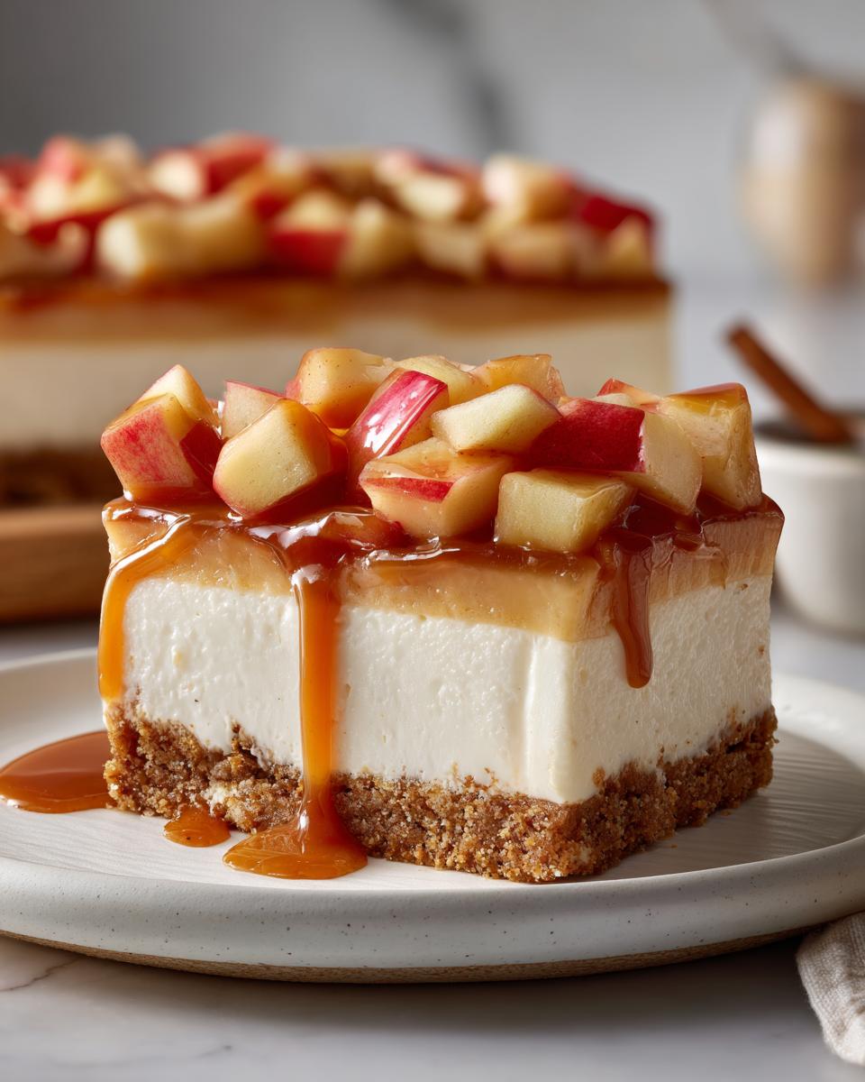 A decadent slice of caramel apple cheesecake bars, topped with diced apples and drizzled with caramel sauce.