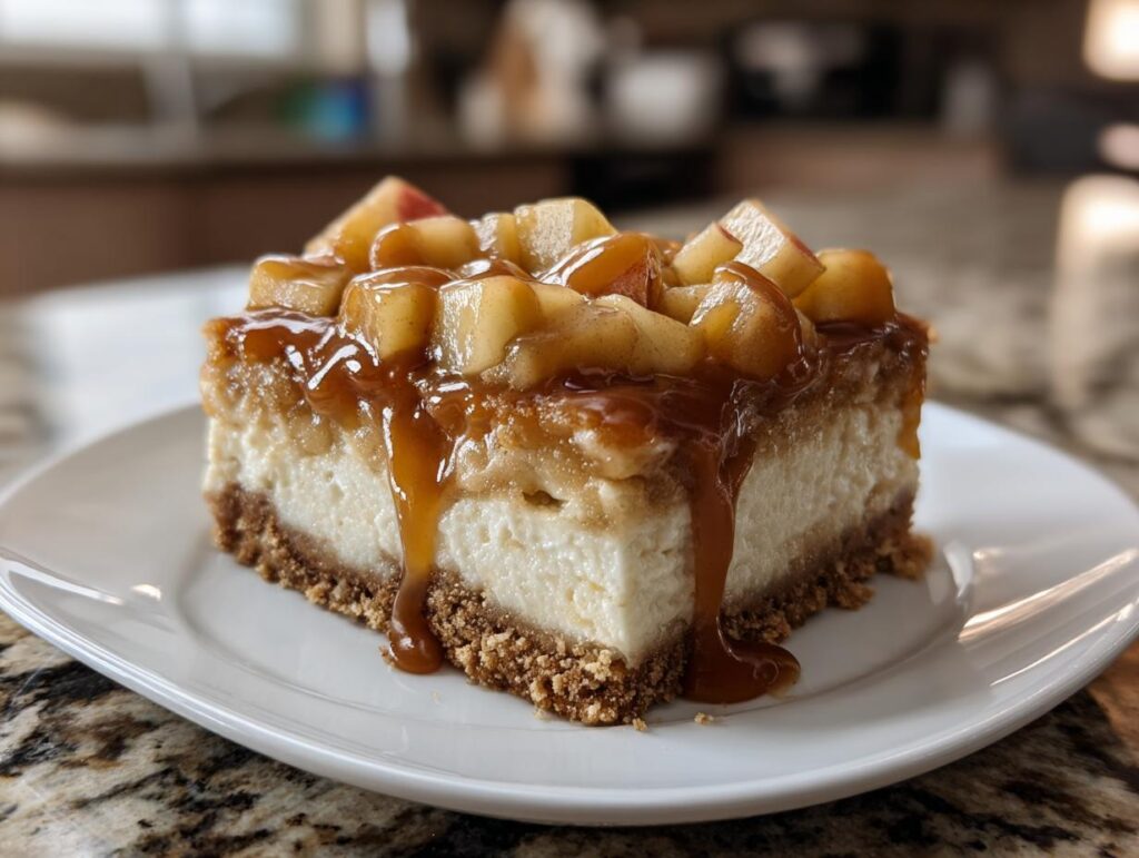 A delicious slice of caramel apple cheesecake bars topped with diced apples and caramel sauce.