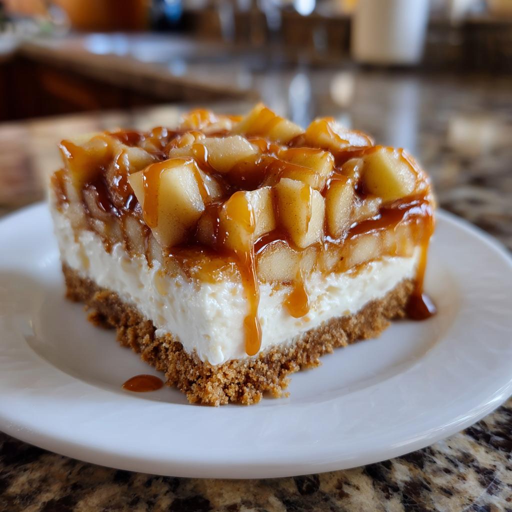 A delicious slice of caramel apple cheesecake bars with a graham cracker crust and gooey caramel topping.