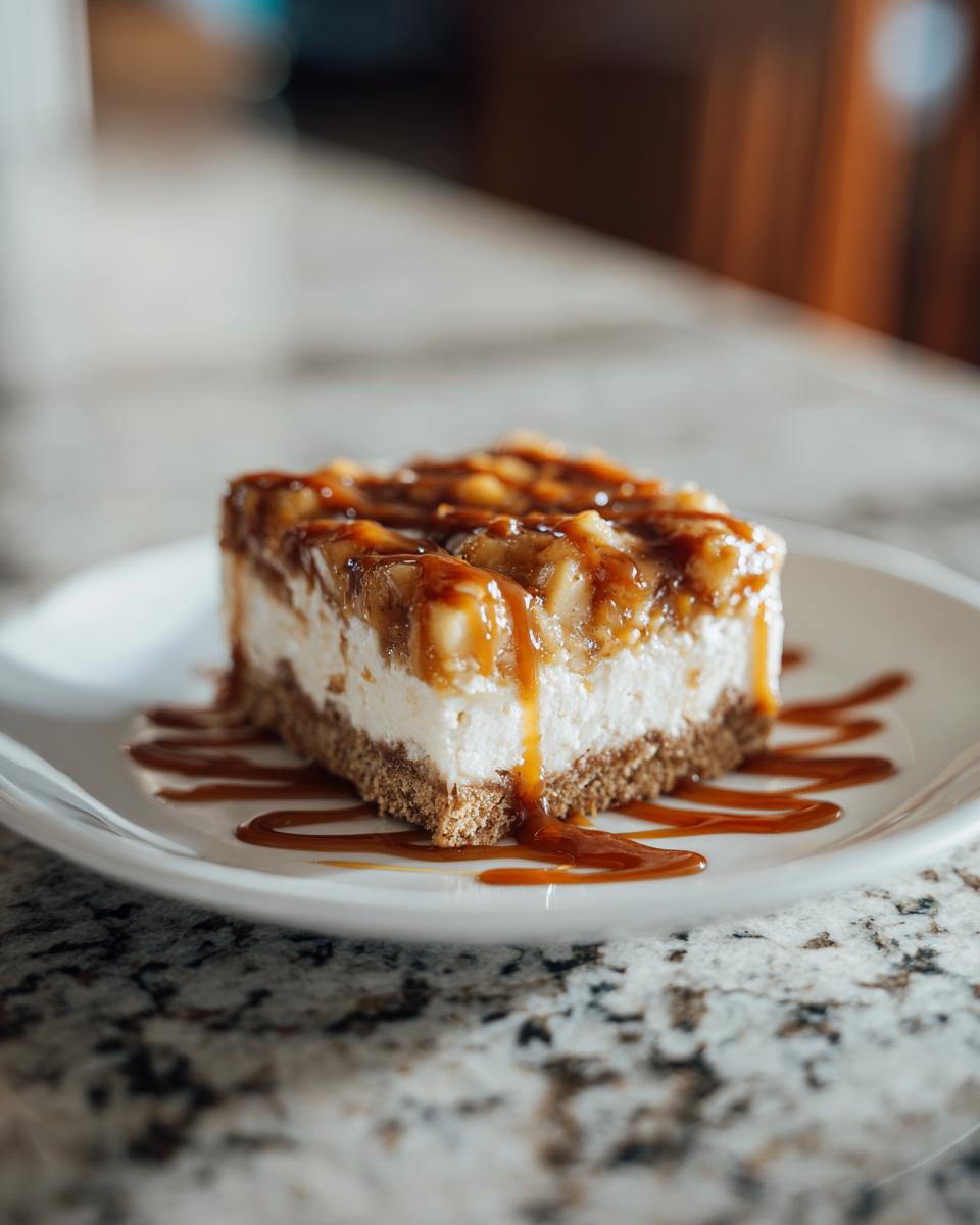 A delicious slice of caramel apple cheesecake bars drizzled with extra caramel sauce.