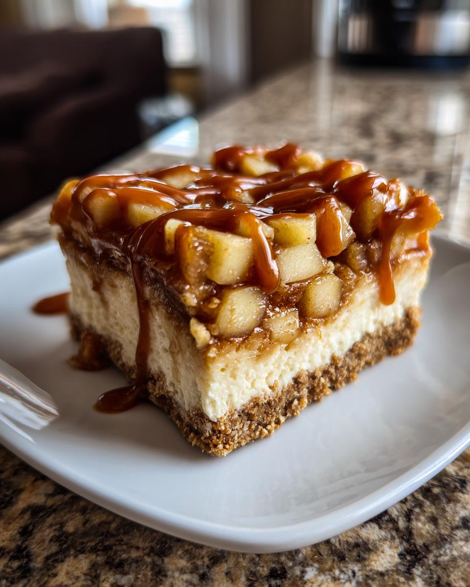 A delicious slice of caramel apple cheesecake bars, topped with caramel sauce and apple pieces.