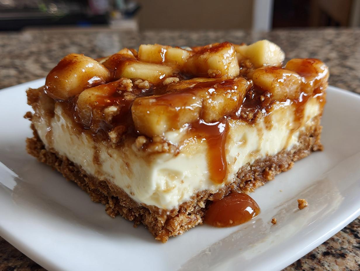 A close-up of a caramel apple cheesecake bar, showcasing the creamy cheesecake filling, graham cracker crust, and gooey caramel apple topping.