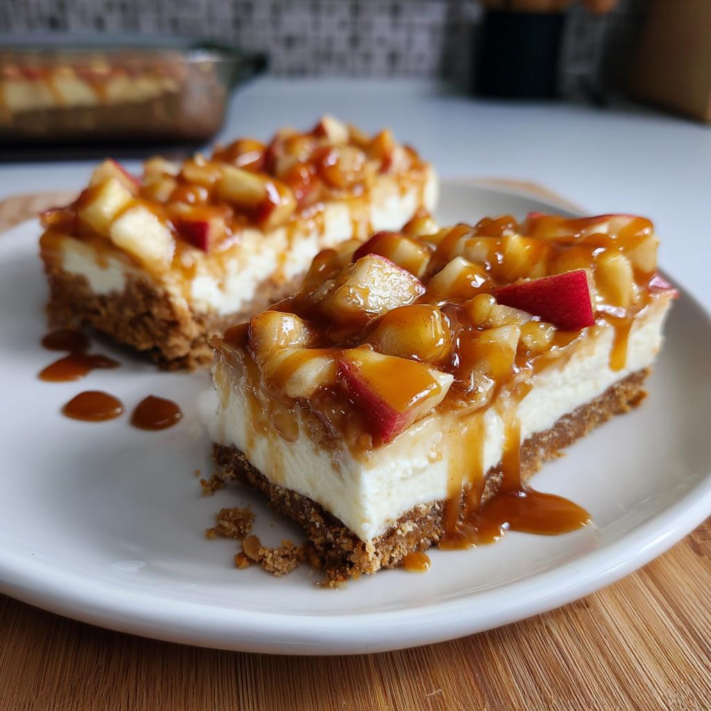 Two slices of caramel apple cheesecake bars on a white plate, topped with caramel sauce and apple chunks.