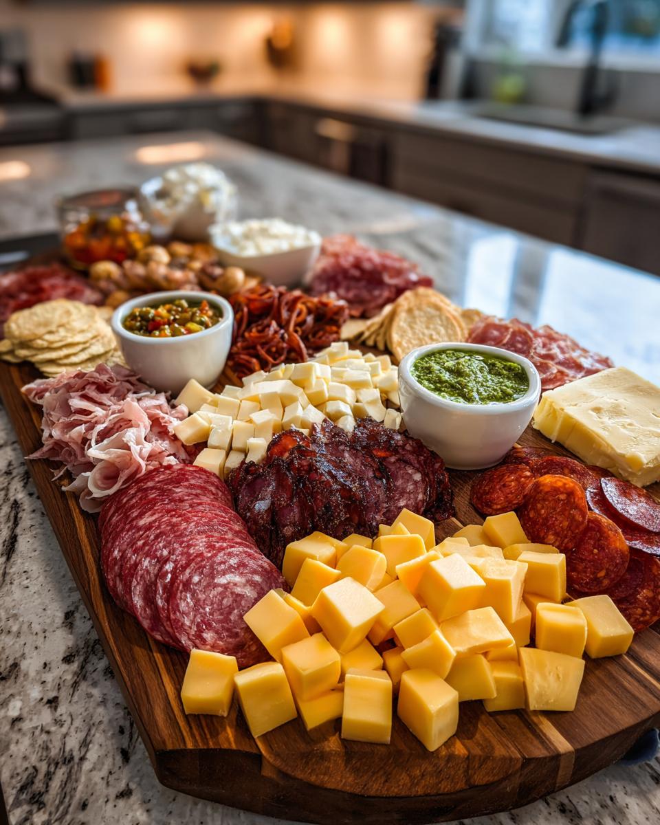 A large charcuterie board filled with various meats, cheeses, crackers, and dips, perfect for New Year's Eve snacks.