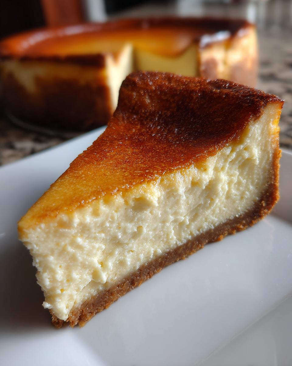 A close-up of a slice of creamy cheesecake with a golden-brown crust, part of a whole cheesecake in the background.
