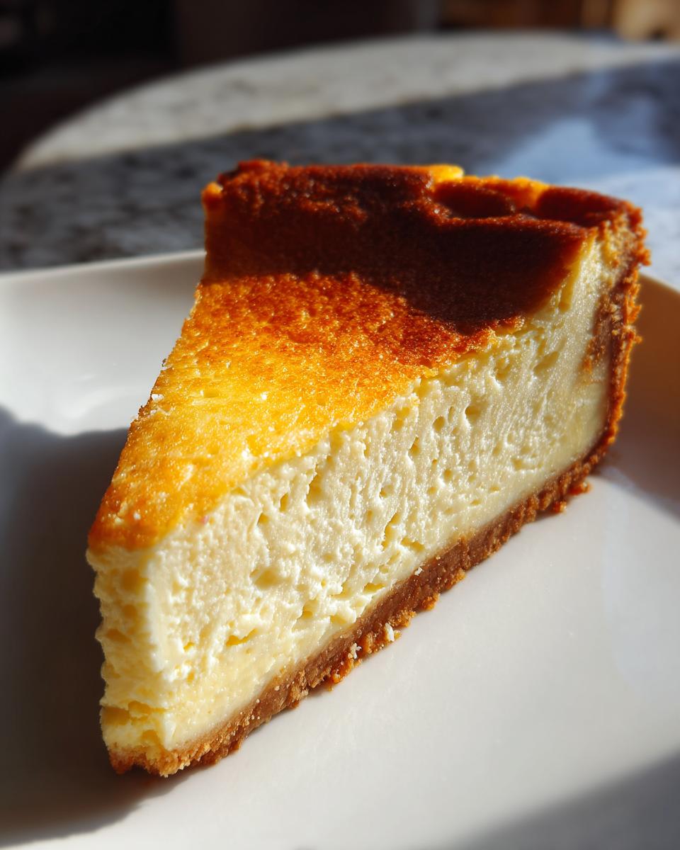 A close-up of a perfect slice of cheesecake with a golden-brown crust and creamy filling.