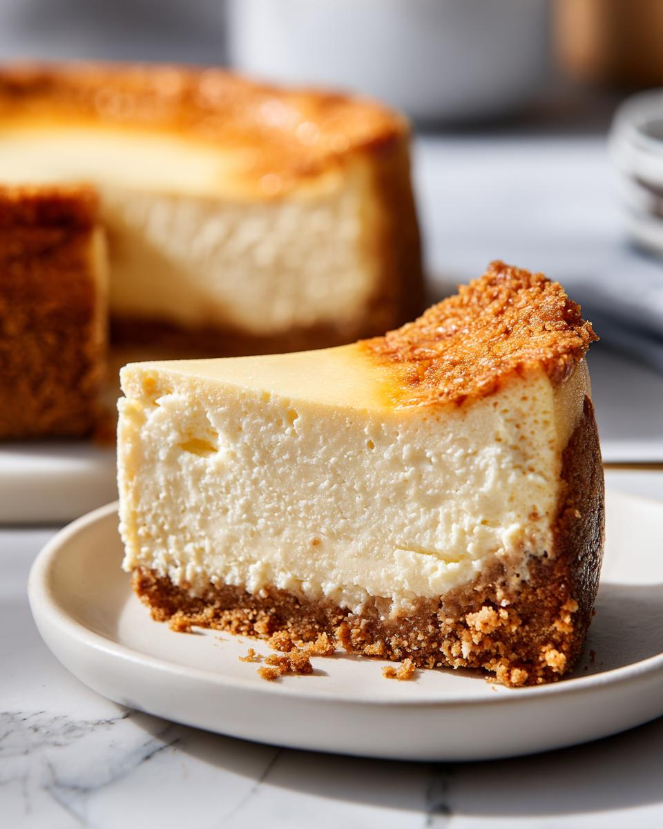 A close-up of a perfect slice of cheesecake with a graham cracker crust, part of a whole cheesecake in the background.
