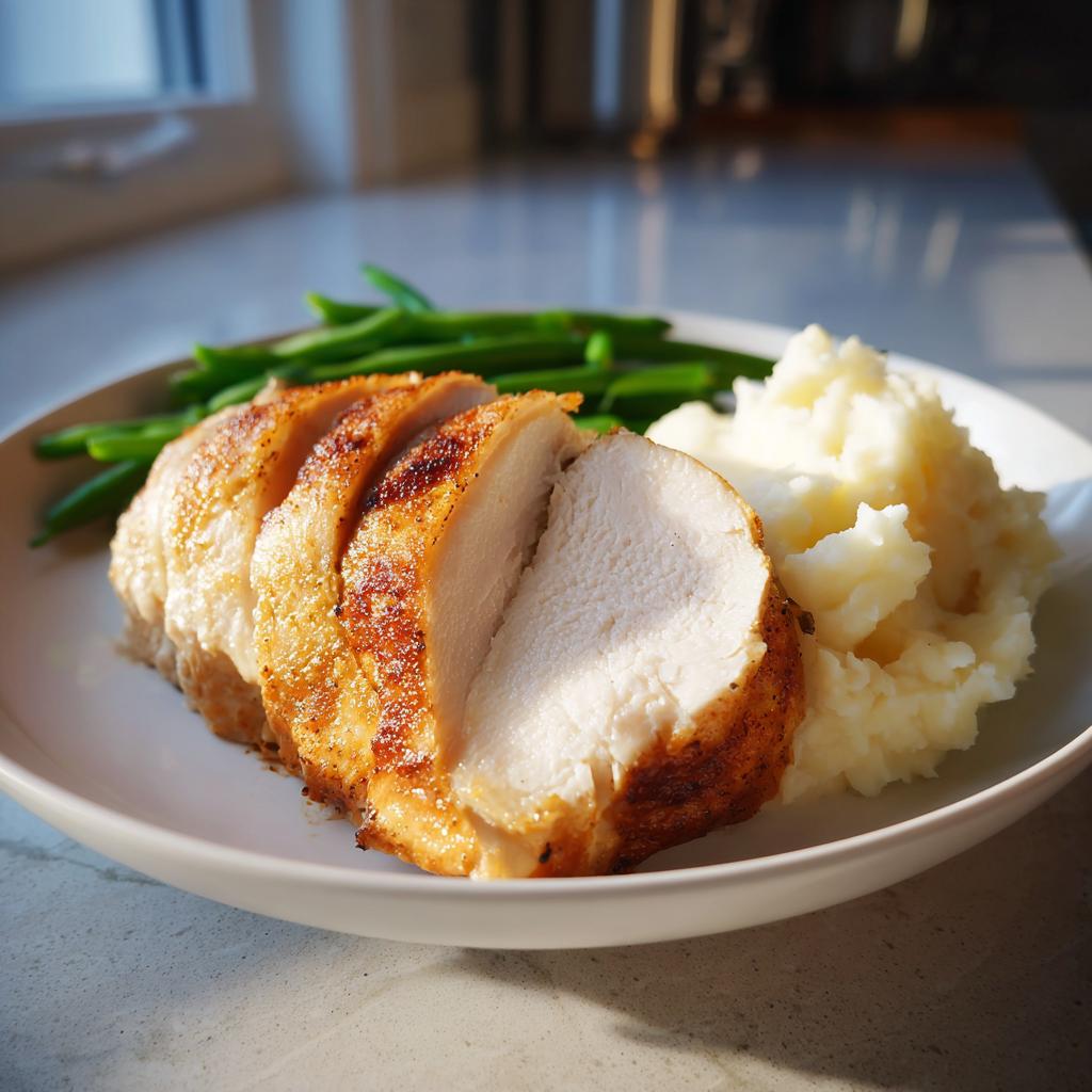 A perfectly cooked and sliced chicken breast served with mashed potatoes and green beans, ideal for new years dinner ideas.