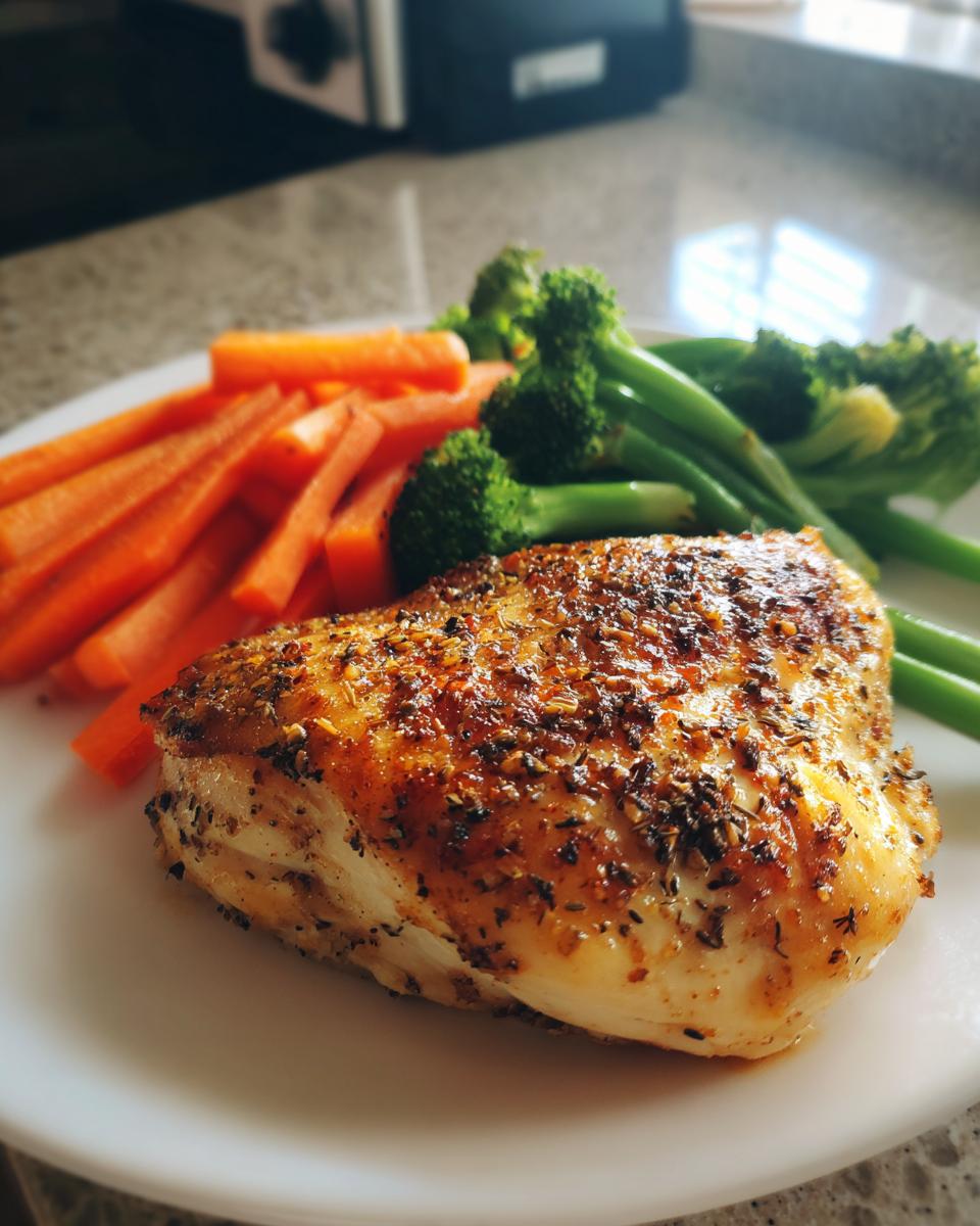A perfectly cooked chicken breast seasoned with herbs, served with steamed carrots and broccoli, ideal for dinner recipes for two.