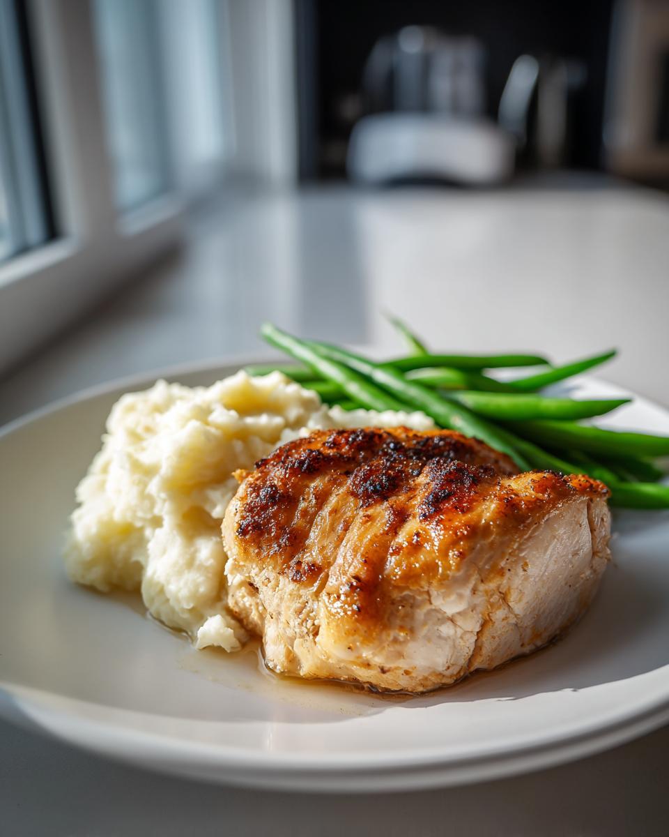 A perfectly cooked chicken breast served with creamy mashed potatoes and fresh green beans, ideal for new years dinner ideas.