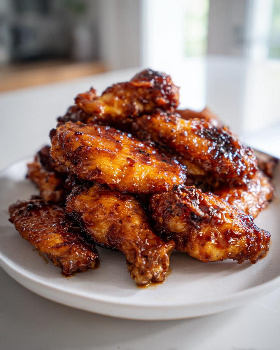 A pile of glossy, glazed chicken wings, perfect for new years food ideas.