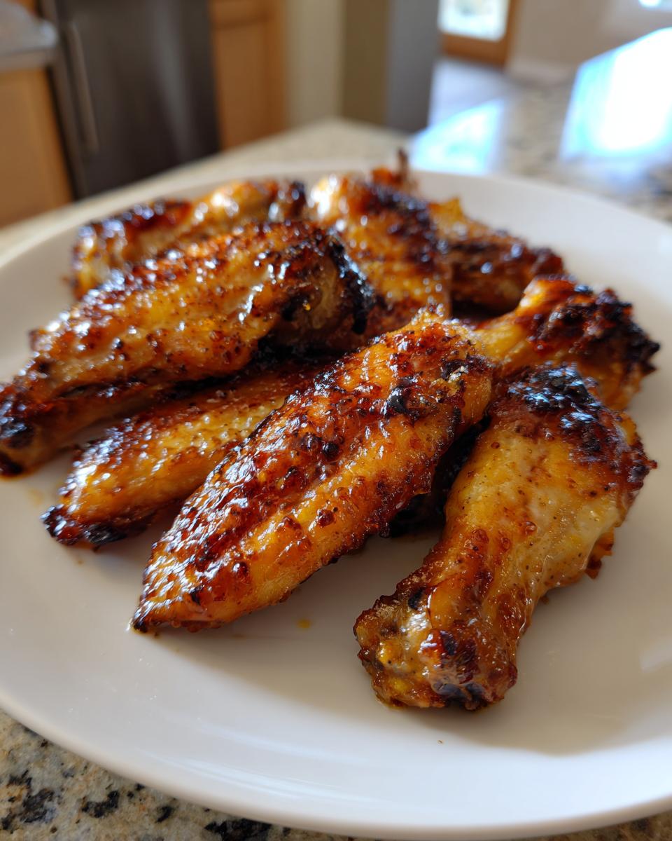 Close-up of a plate of glistening, baked chicken wings, perfect for New Years food ideas.