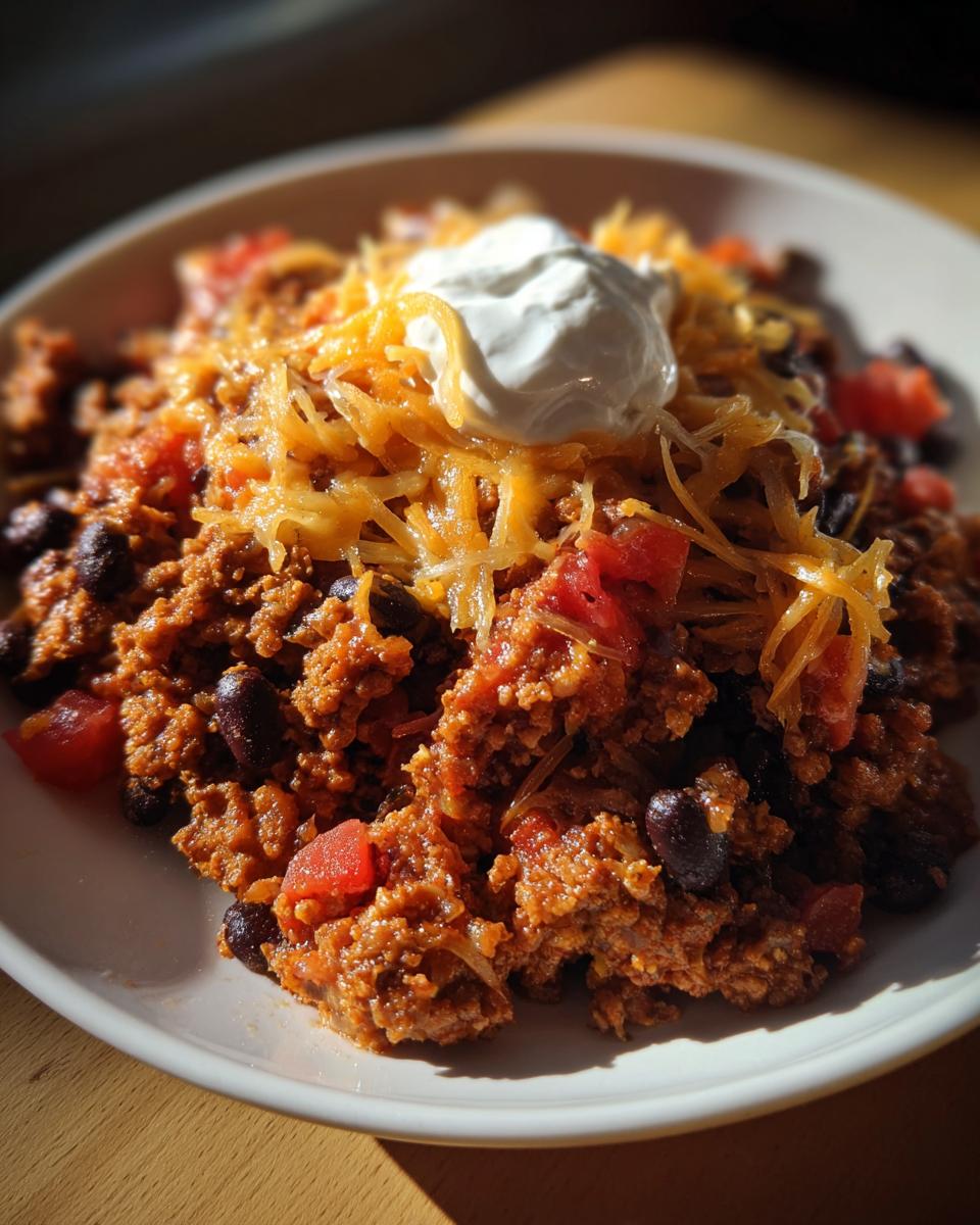 A bowl of hearty chili with black beans, tomatoes, shredded cheese, and a dollop of sour cream, perfect for dinner ideas short on time.