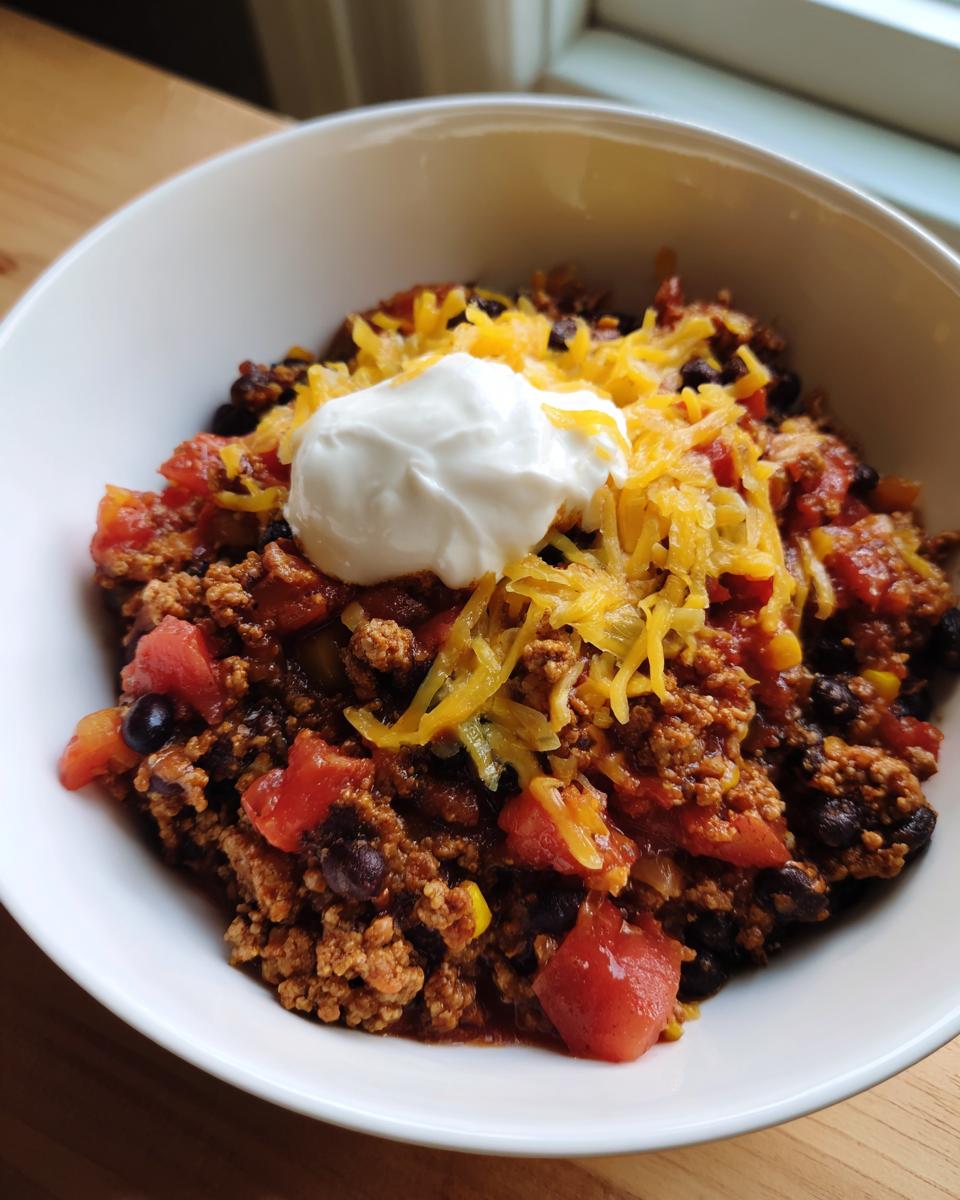 A bowl of hearty chili with ground beef, black beans, tomatoes, corn, shredded cheese, and a dollop of sour cream, perfect for dinner ideas short on time.