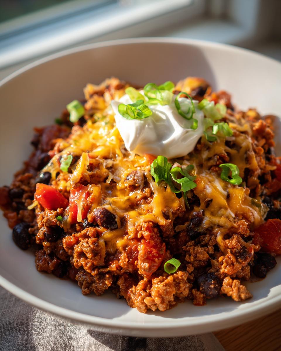 A hearty bowl of chili with ground beef, black beans, tomatoes, topped with melted cheese, sour cream, and green onions. Perfect for dinner ideas short on time.