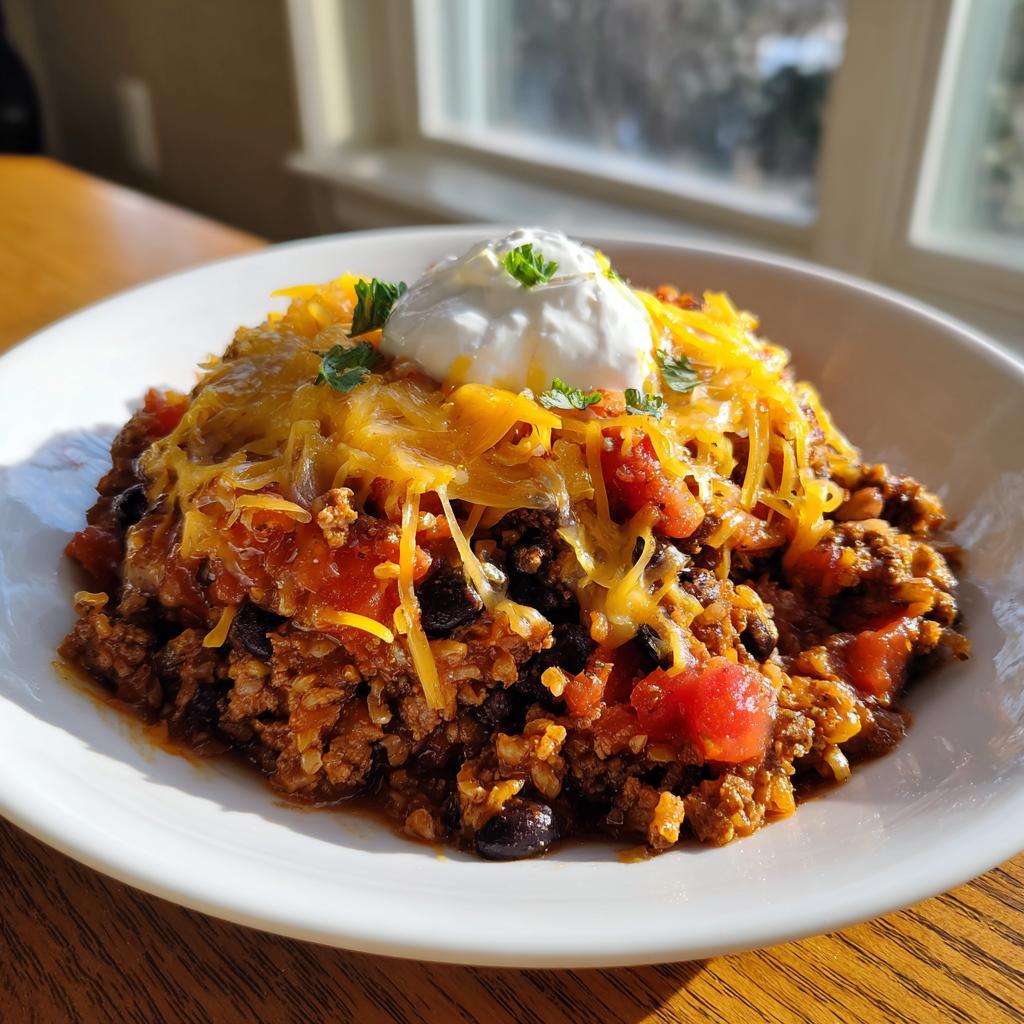 A hearty bowl of chili with ground beef, black beans, tomatoes, topped with melted cheese and sour cream, perfect for dinner ideas short on time.
