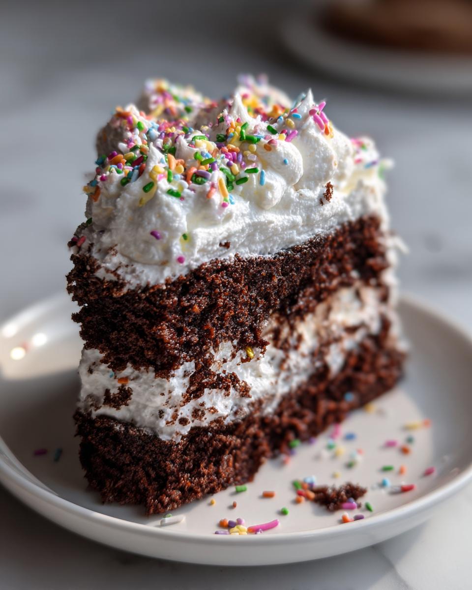 A rich chocolate cake slice topped with whipped cream and colorful sprinkles, perfect as a new years eve dessert.