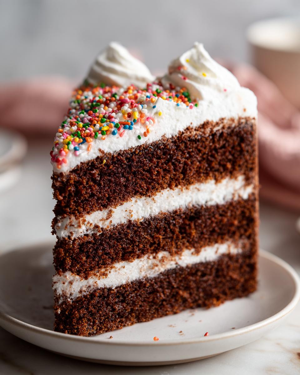 A slice of rich chocolate cake with white frosting and colorful sprinkles, perfect for a new years eve dessert.