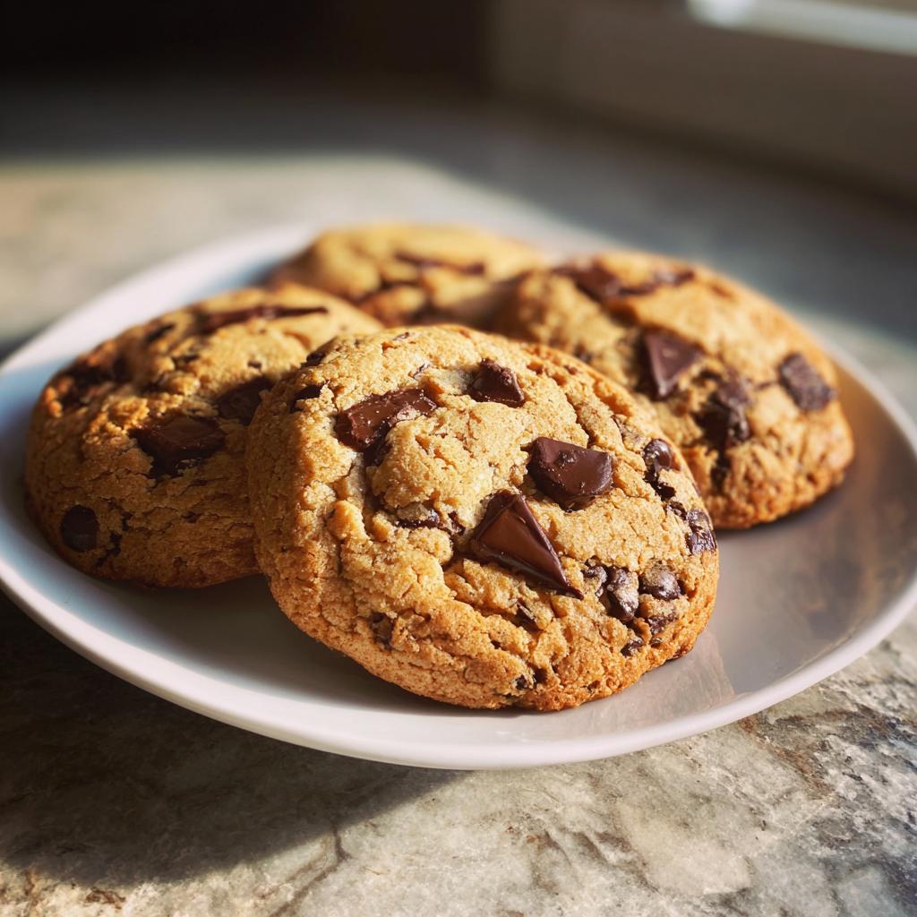 Close-up of freshly baked chocolate chip cookies on a white plate, perfect for dessert recipes.