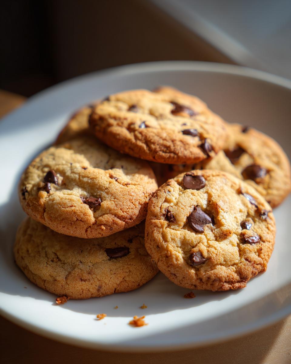 A stack of freshly baked chocolate chip cookies on a white plate, perfect for dessert recipes.