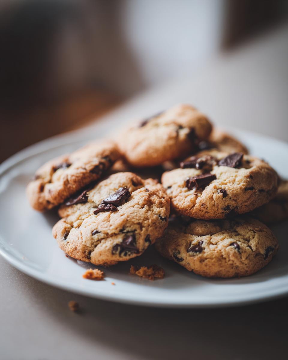 A pile of freshly baked chocolate chip cookies on a white plate, perfect for dessert recipes.