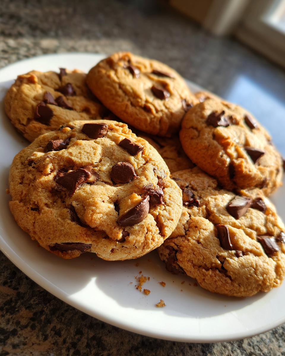 A close-up of several homemade chocolate chip cookies on a white plate, perfect for dessert recipes.