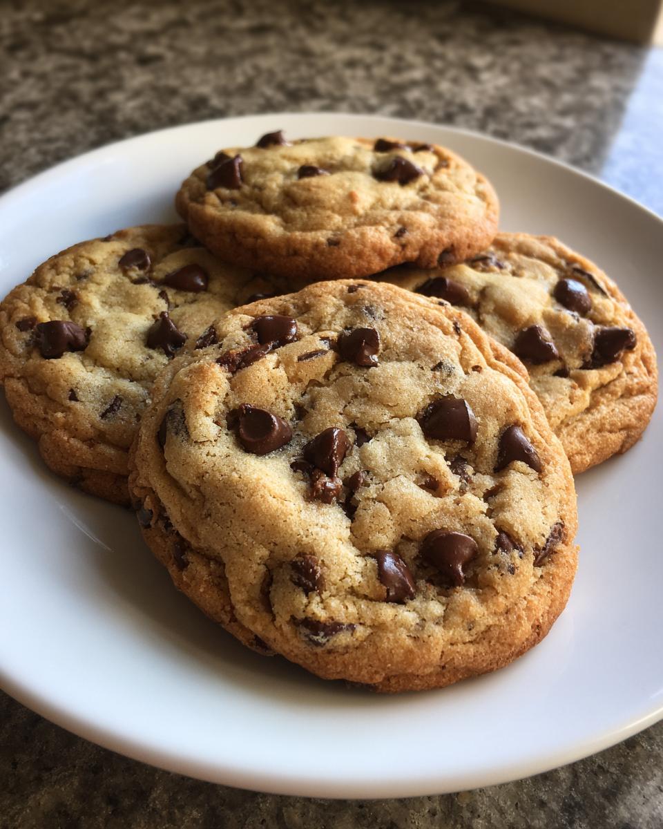 A close-up shot of four freshly baked chocolate chip cookies on a white plate, perfect for dessert recipes.