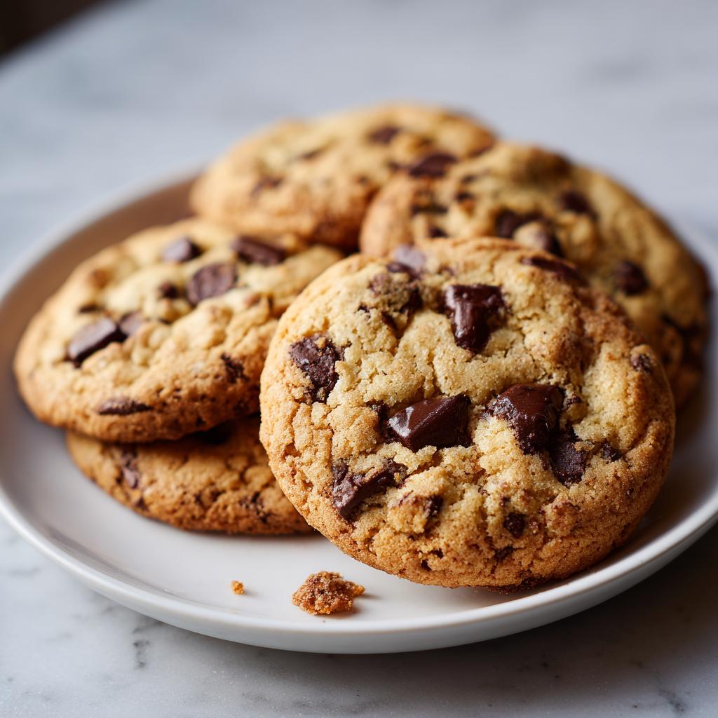 A stack of warm, gooey chocolate chip cookies on a white plate, perfect for dessert recipes.
