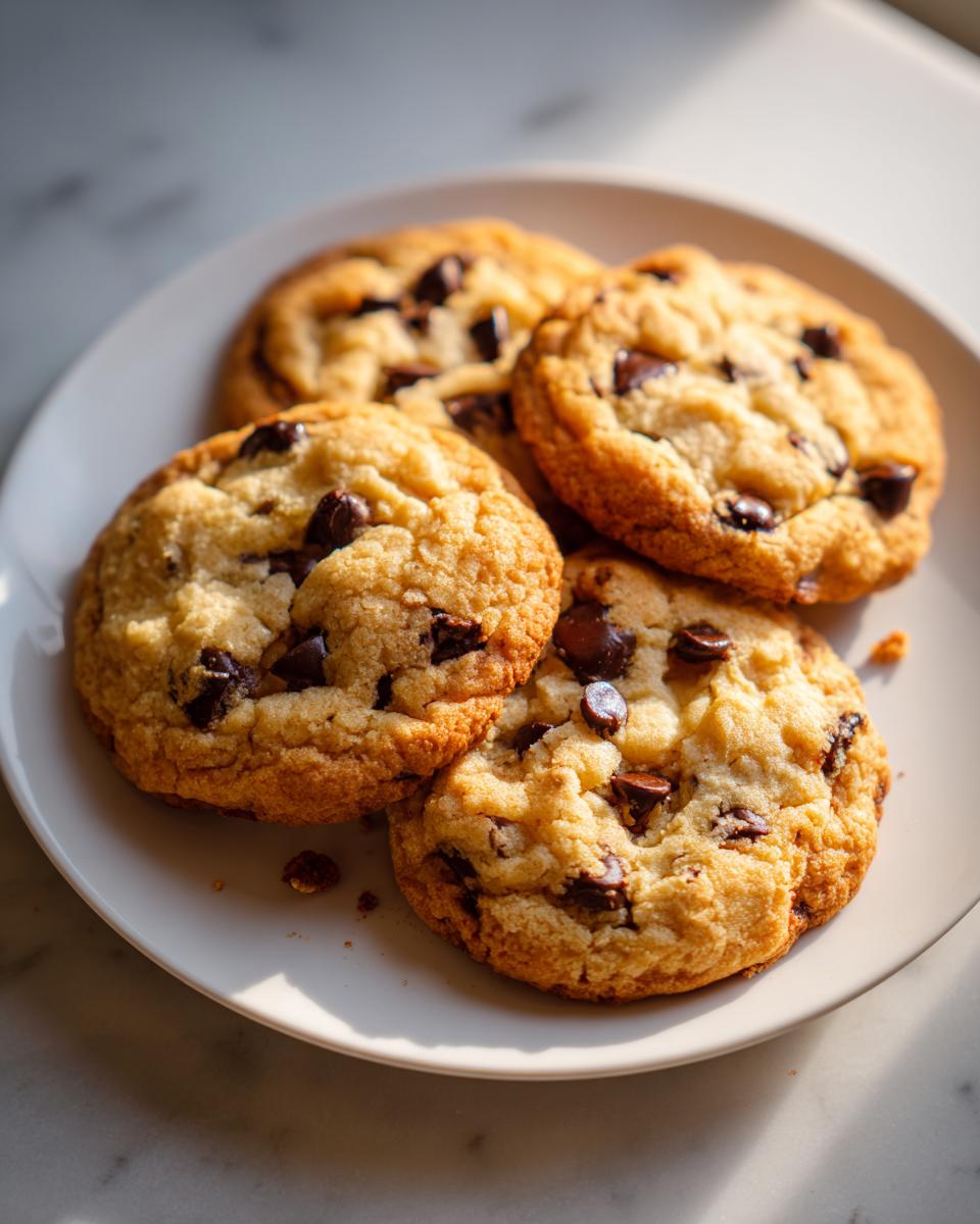 Close-up of four freshly baked chocolate chip cookies on a white plate, perfect for dessert recipes.