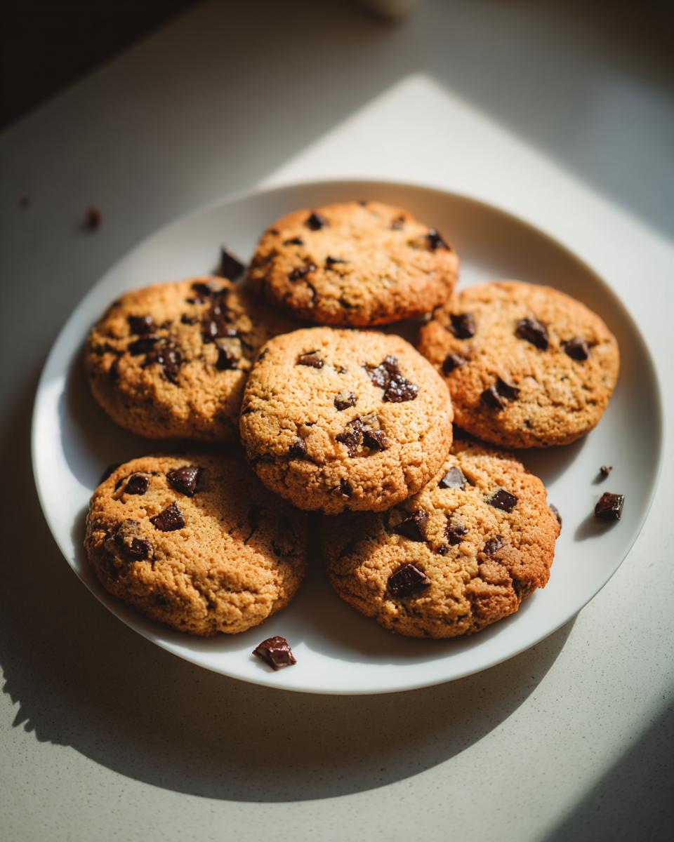 A plate piled high with golden-brown chocolate chip cookies, perfect for dessert recipes.
