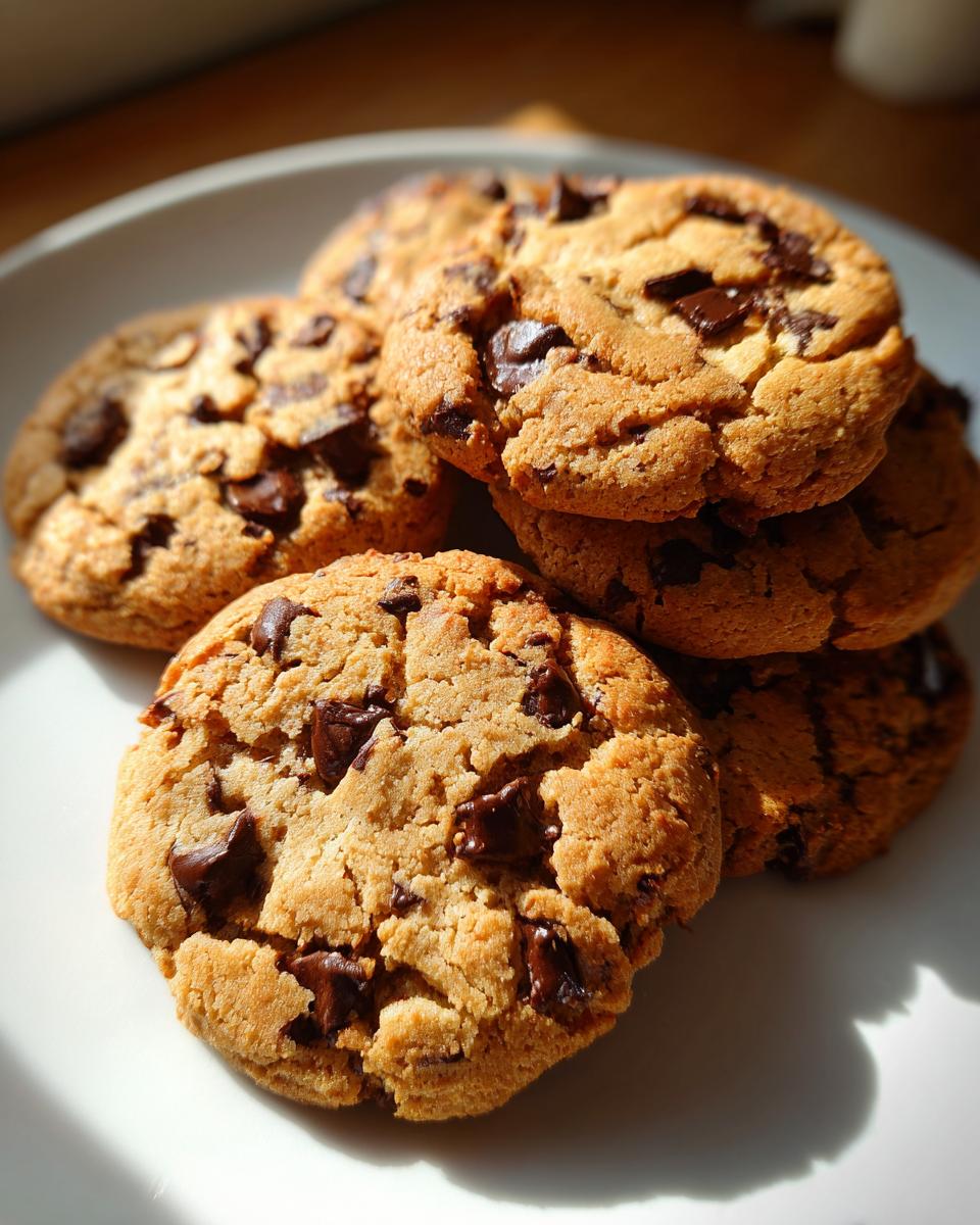A close-up of a stack of golden brown chocolate chip cookies with visible dark chocolate chunks.
