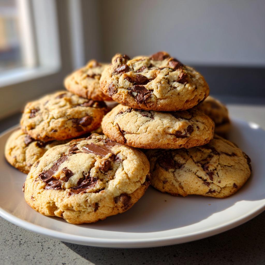 A stack of golden brown chocolate chip cookies with generous amounts of melted chocolate chips.