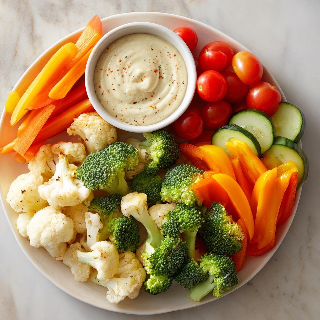 A vibrant christmas veggie platter featuring broccoli, cauliflower, carrots, bell peppers, cucumbers, tomatoes, and a creamy dip.
