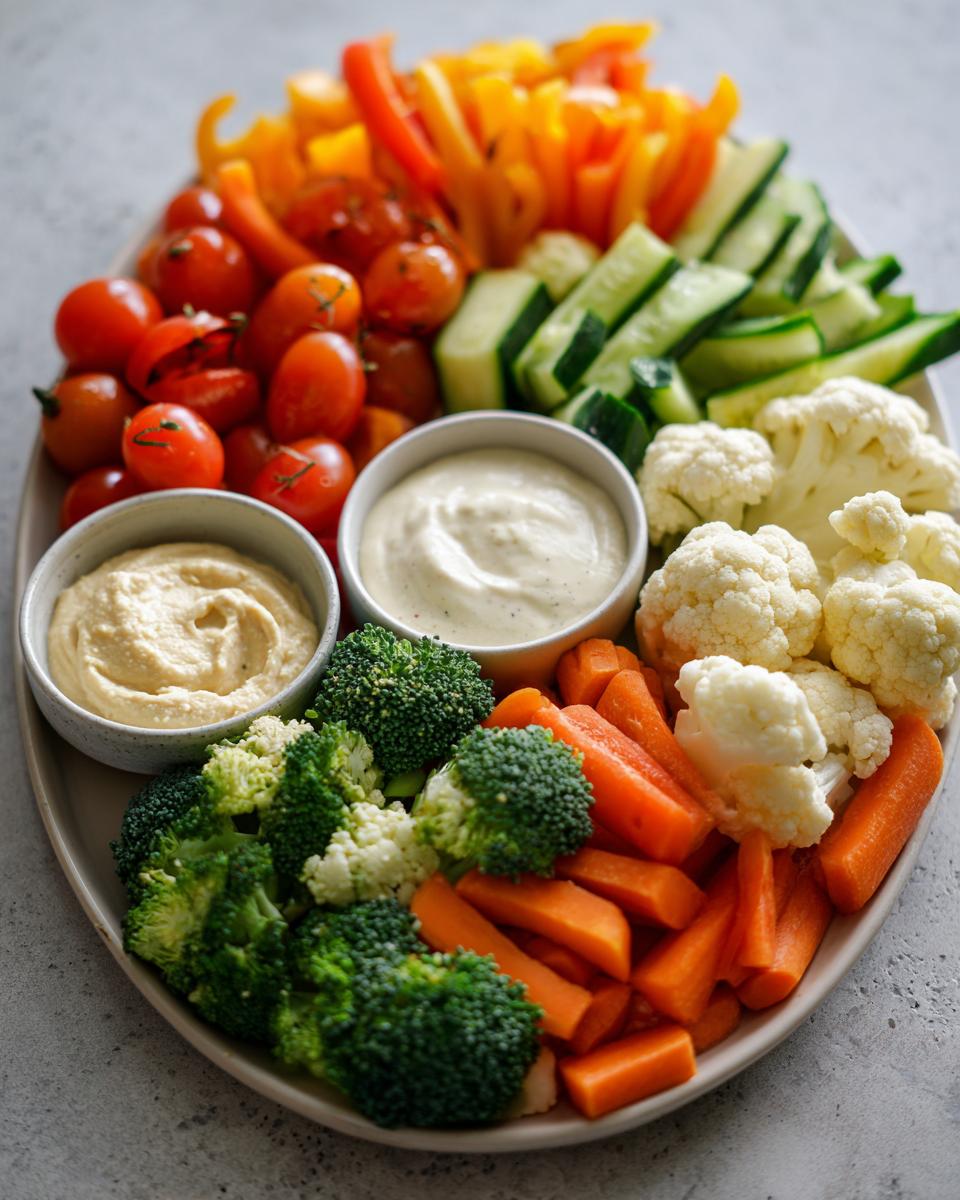 A colorful Christmas veggie platter featuring broccoli, carrots, cauliflower, cherry tomatoes, cucumber, and bell peppers with two dips.