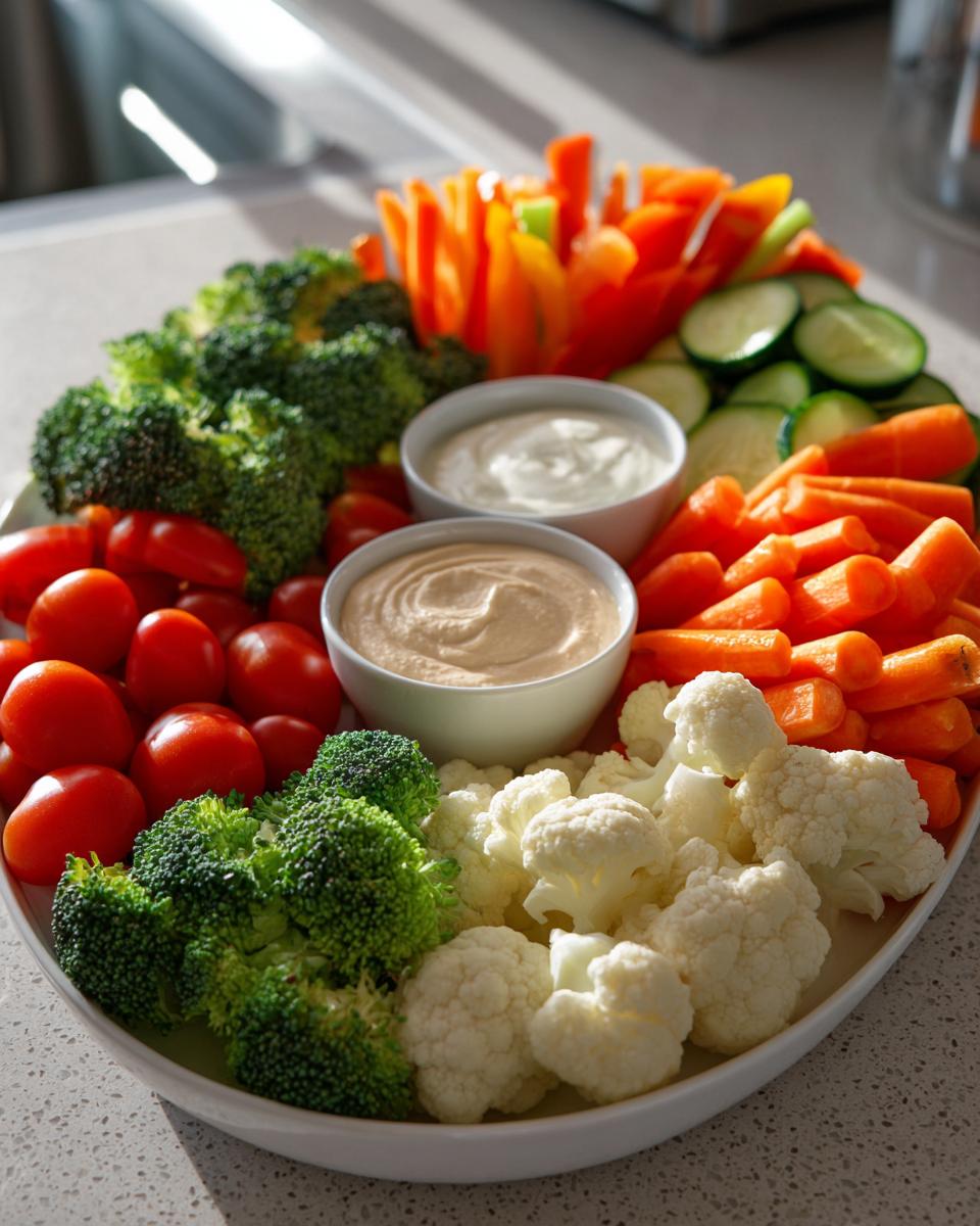 A vibrant Christmas veggie platter filled with broccoli, cauliflower, cherry tomatoes, carrots, cucumbers, and bell peppers, served with two dips.