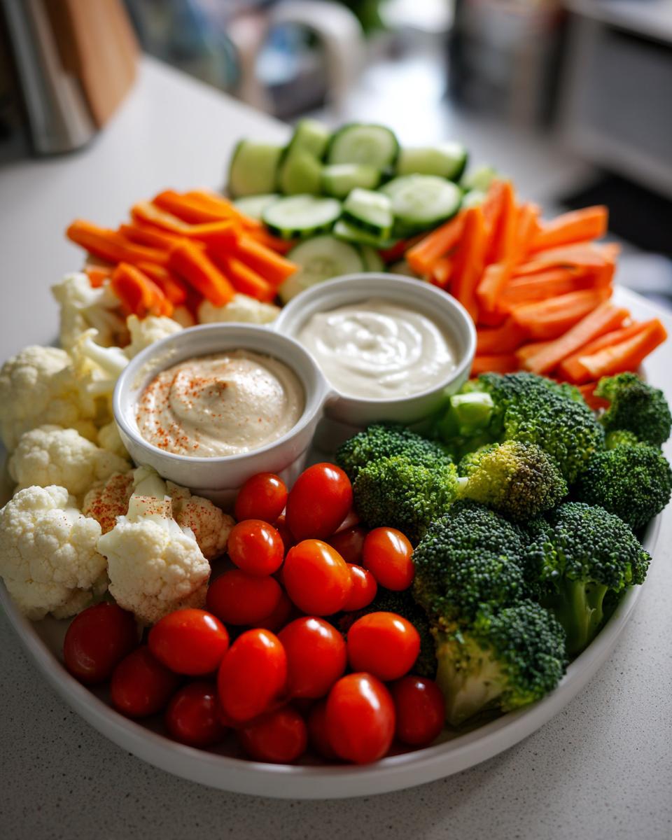 A vibrant Christmas veggie platter featuring broccoli, carrots, cauliflower, cherry tomatoes, and cucumber with two dips.