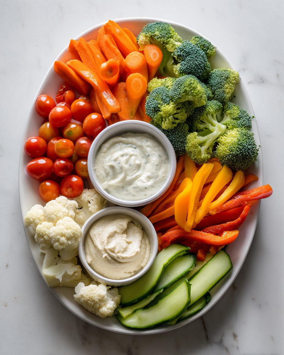 A colorful Christmas veggie platter featuring broccoli, carrots, cherry tomatoes, bell peppers, cauliflower, and cucumber with two dips.