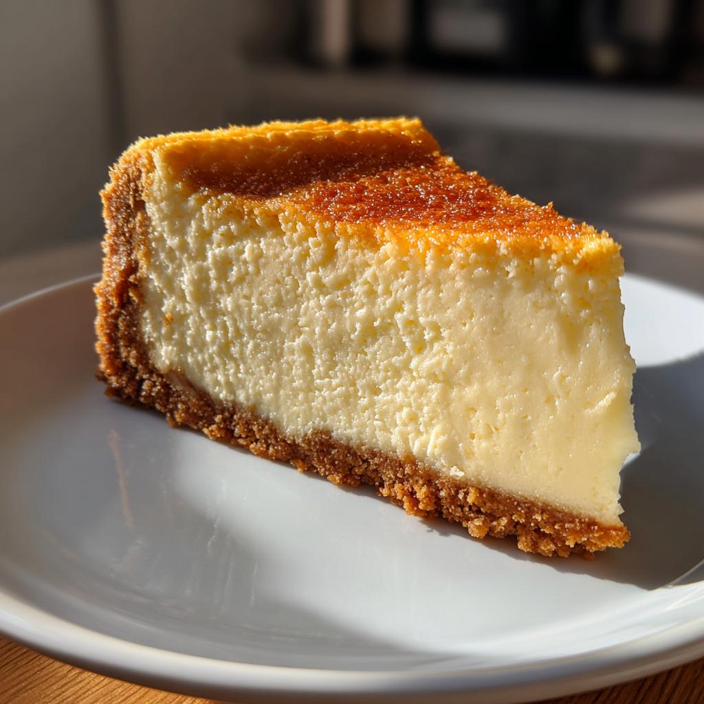 A perfect slice of classic cheesecake with a graham cracker crust, ready to be enjoyed.