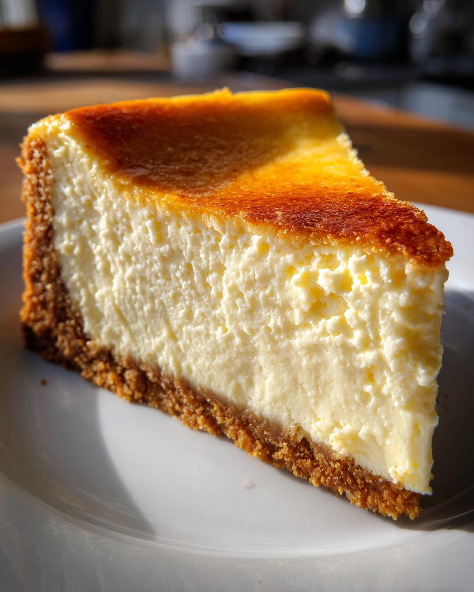 A perfect slice of classic cheesecake with a graham cracker crust, showcasing its creamy texture and golden-brown top.