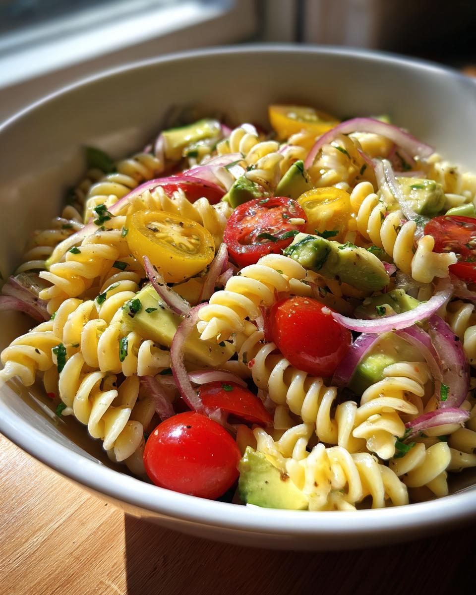 A vibrant and fresh pasta salad with fusilli, cherry tomatoes, avocado, and red onion, showcasing the cooking aesthetic.