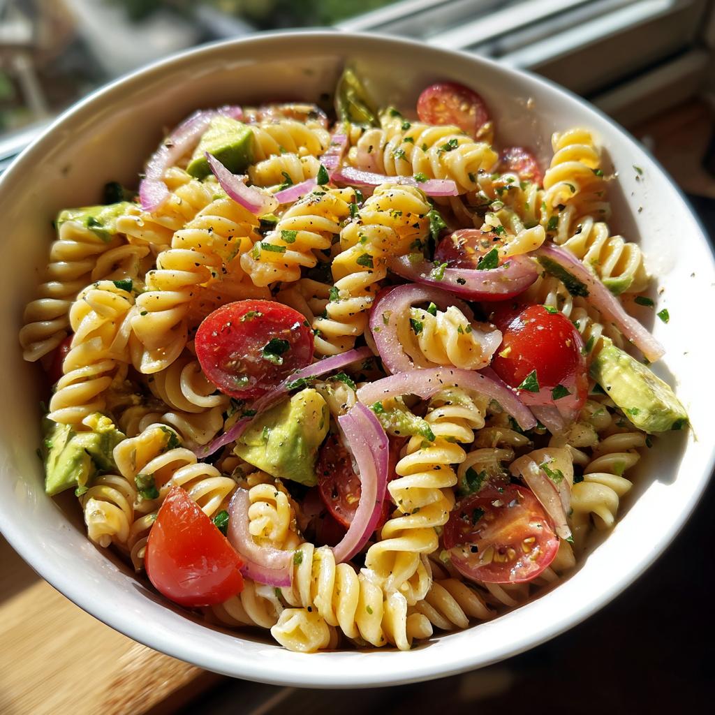 A close-up of a vibrant pasta salad with fusilli, cherry tomatoes, avocado, and red onion, showcasing the cooking aesthetic.