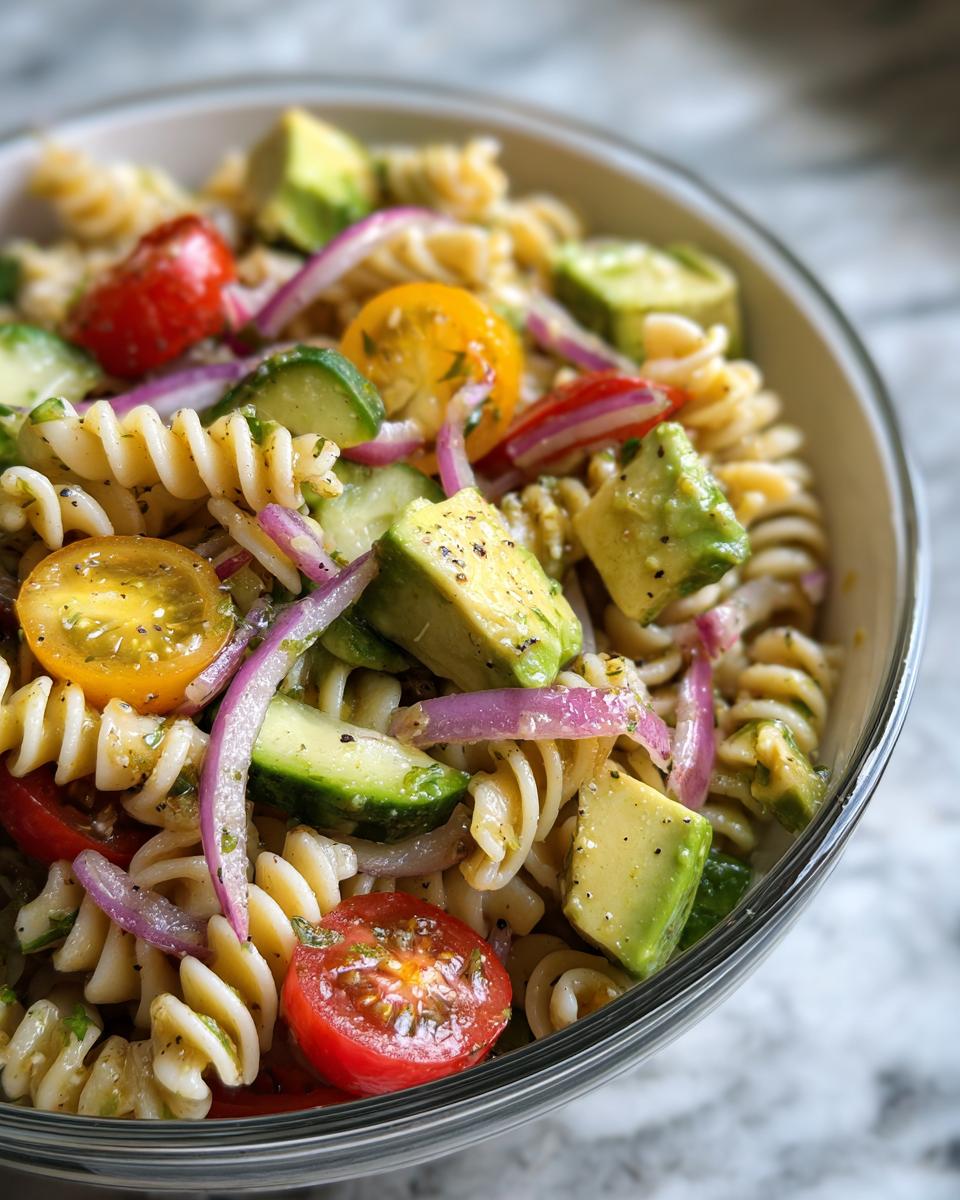 Close-up of a vibrant pasta salad with fusilli pasta, avocado, cherry tomatoes, cucumber, and red onion, showcasing a beautiful cooking aesthetic.