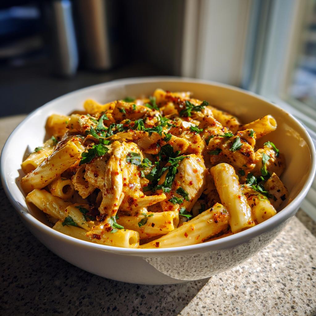 A close-up of a bowl filled with cowboy butter chicken pasta, garnished with fresh parsley.