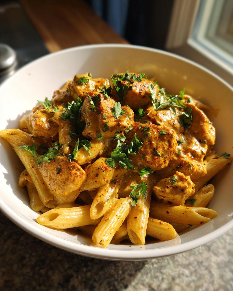 A close-up of cowboy butter chicken pasta in a white bowl, topped with fresh parsley.